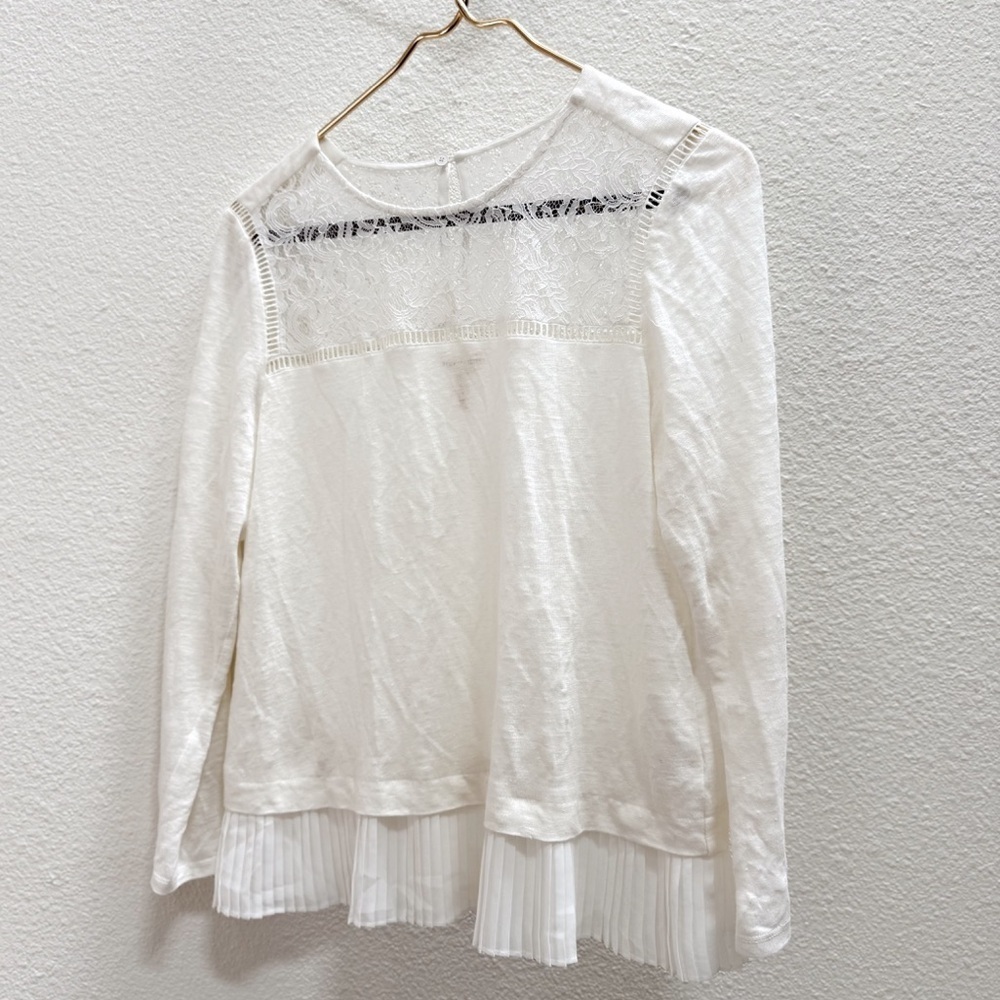 Rebecca Taylor White Lace Women's Long Sleeve Linen Blouse Top Size Medium